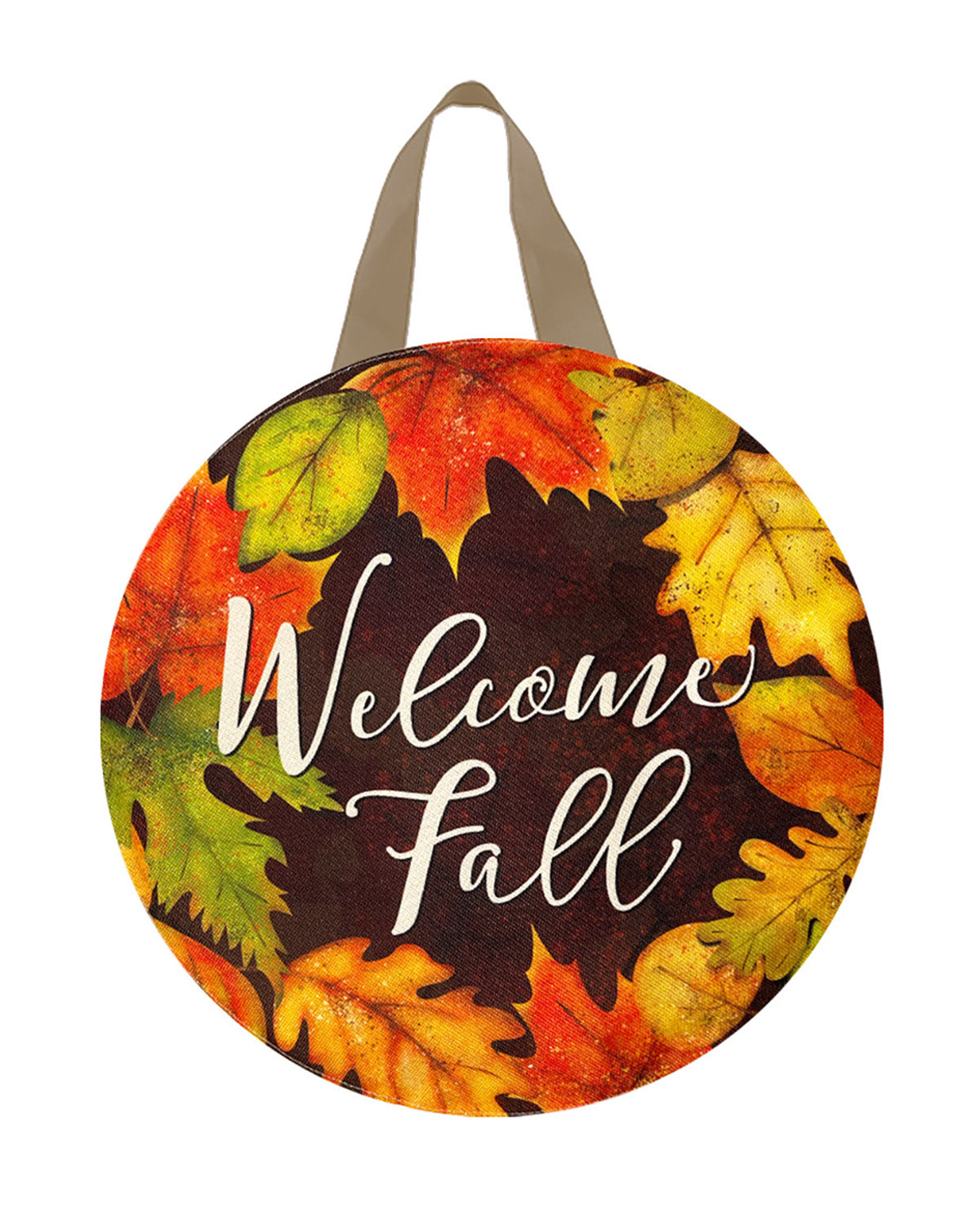 Round door hanger with autumn leaves and 'Welcome Fall' text on a white background