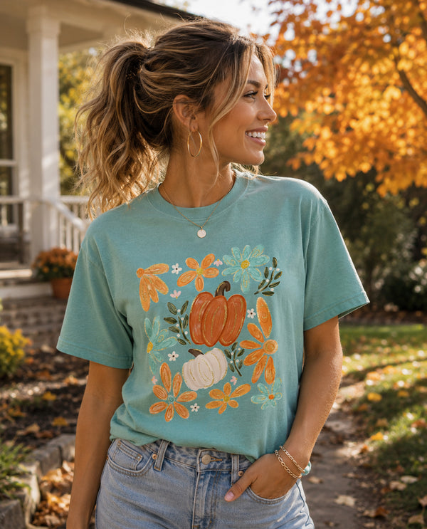 Woman wearing a teal t-shirt with pumpkin design outdoors in autumn.