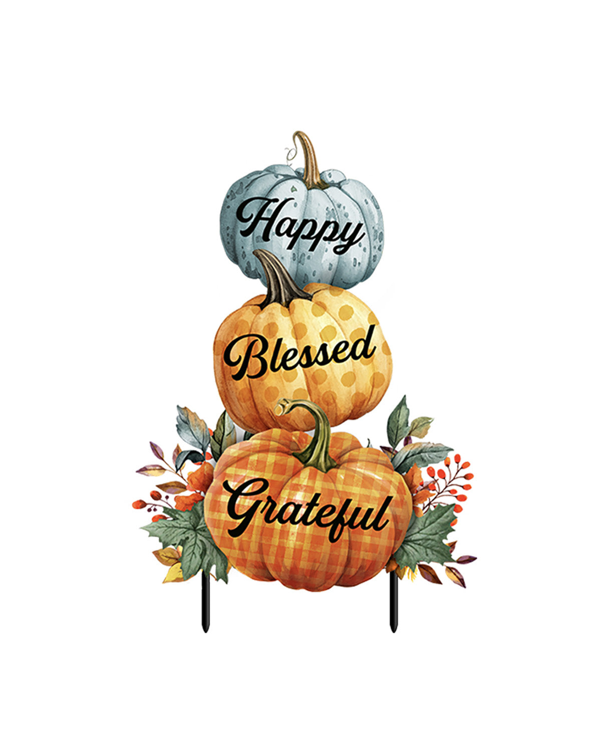 Three pumpkins with 'Happy', 'Blessed', and 'Grateful' text on a white background