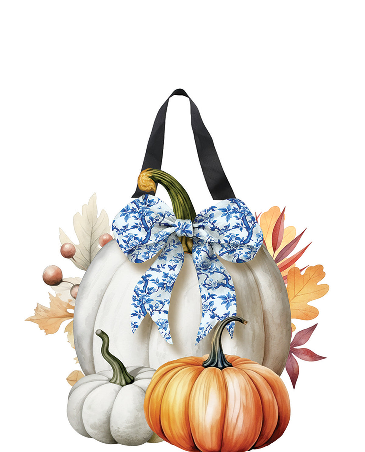 Decorative pumpkin with a blue and white bow on a white background