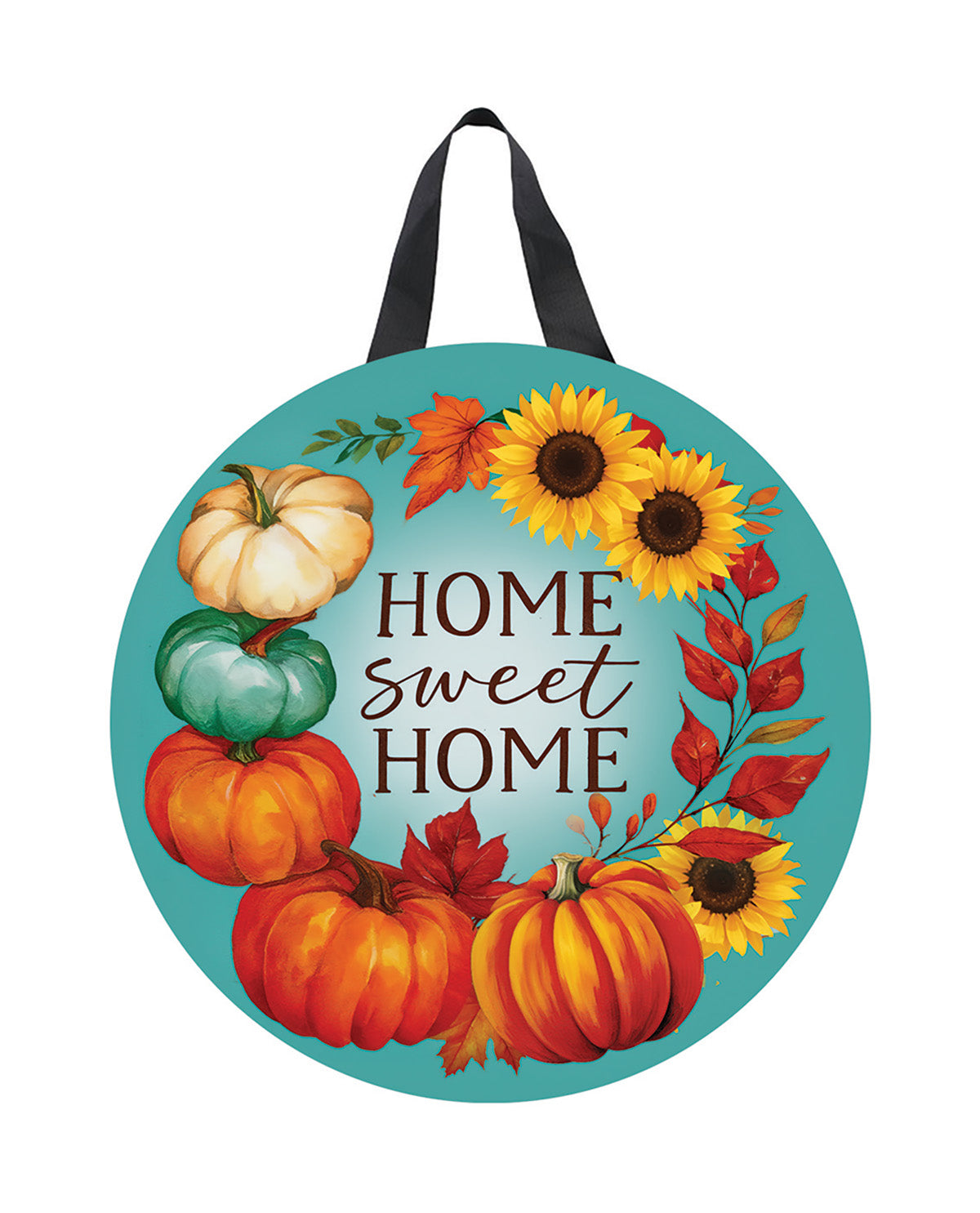 Decorative sign with pumpkins and sunflowers and 'Home Sweet Home' text on a blue background