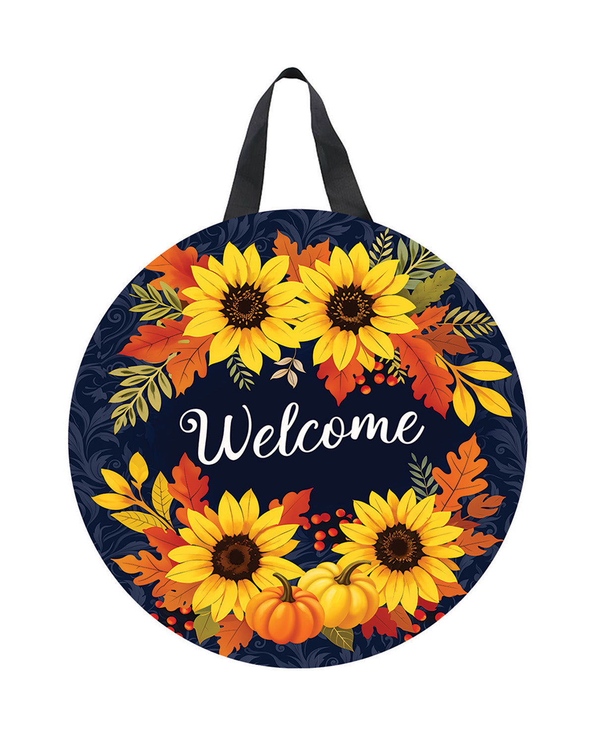 Decorative door sign with sunflowers and pumpkins on a blue background, featuring the word 'Welcome'.