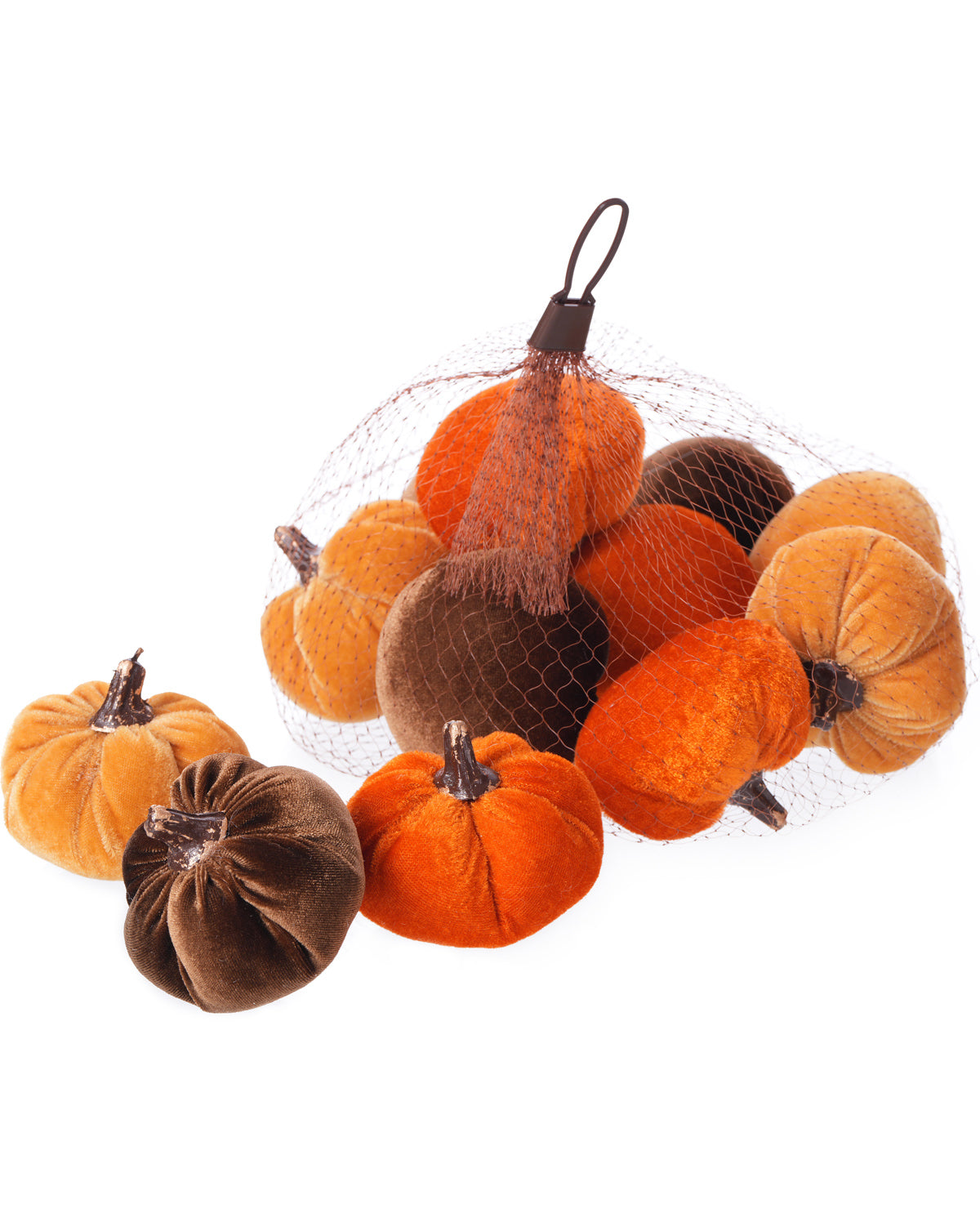 Decorative pumpkins in orange and brown on a white background