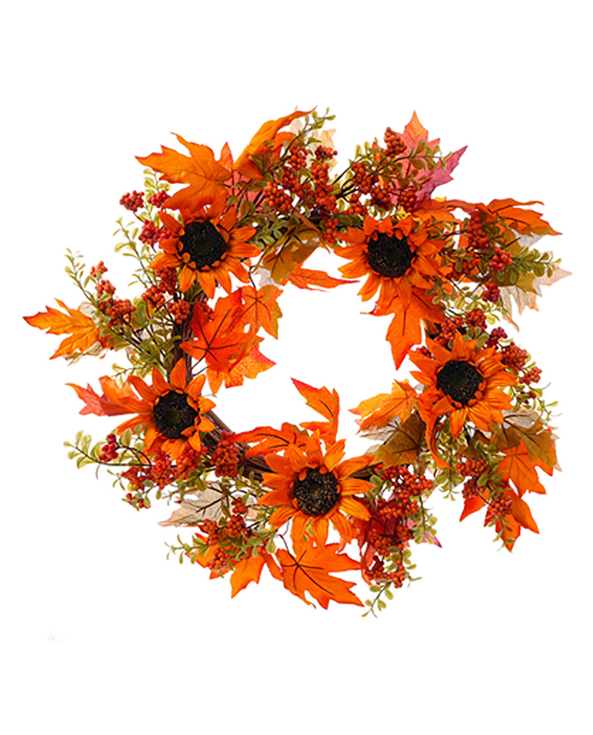 Autumn-themed wreath with orange flowers and red berries on a white background