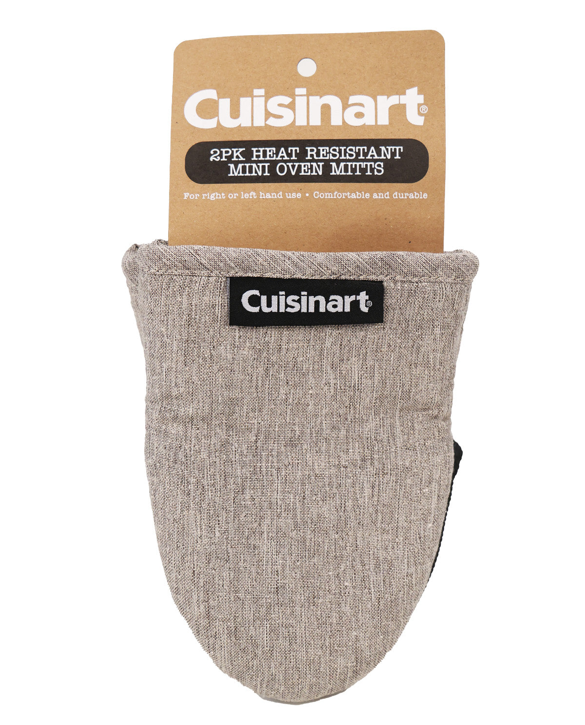A Cuisinart 2-piece heat resistant mini oven mitt in a heathered beige fabric, shown with its brown cardboard packaging header card on a white background.