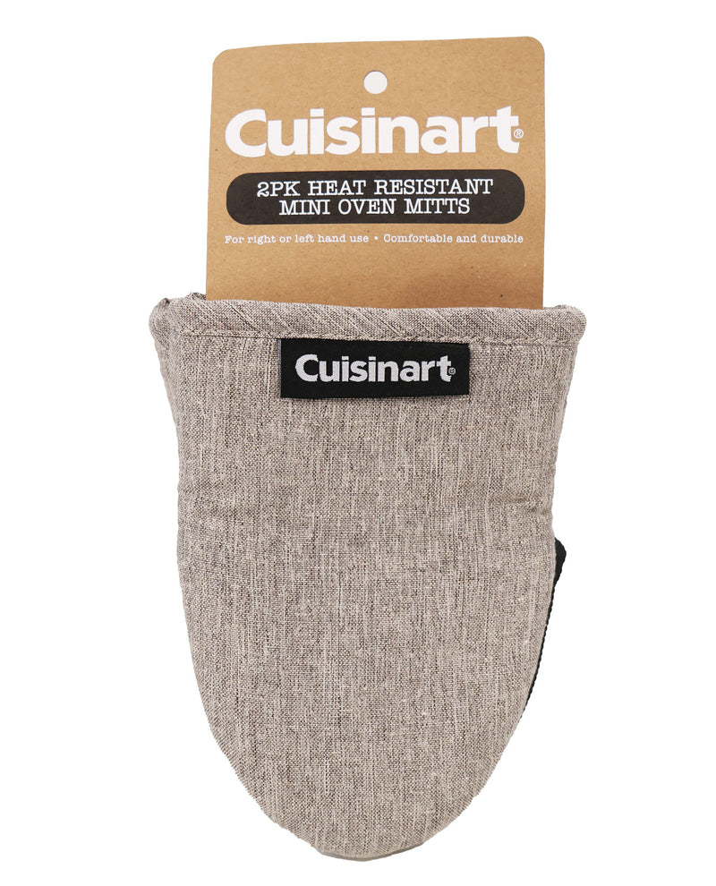 A Cuisinart 2-piece heat resistant mini oven mitt in a heathered beige fabric, shown with its brown cardboard packaging header card on a white background.