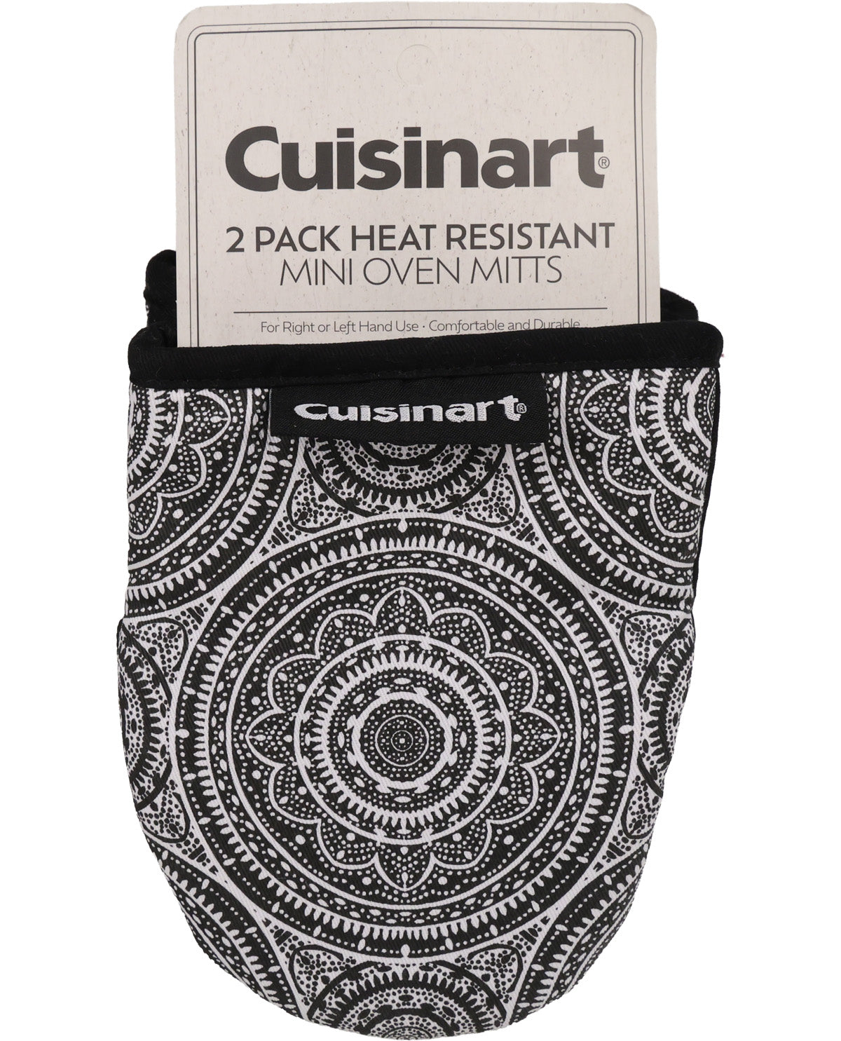A Cuisinart 2-pack of heat resistant mini oven mitts with a black and white mandala pattern, shown with its original packaging card on a white background.