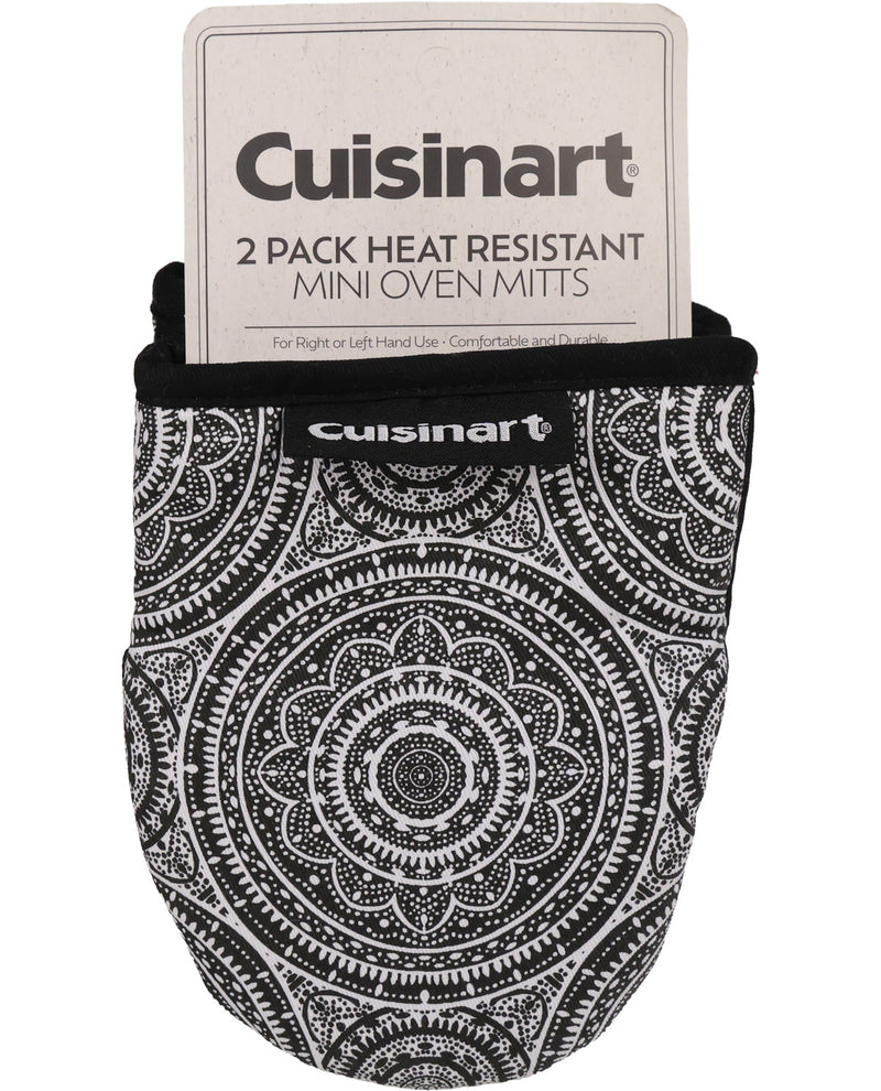 A Cuisinart 2-pack of heat resistant mini oven mitts with a black and white mandala pattern, shown with its original packaging card on a white background.