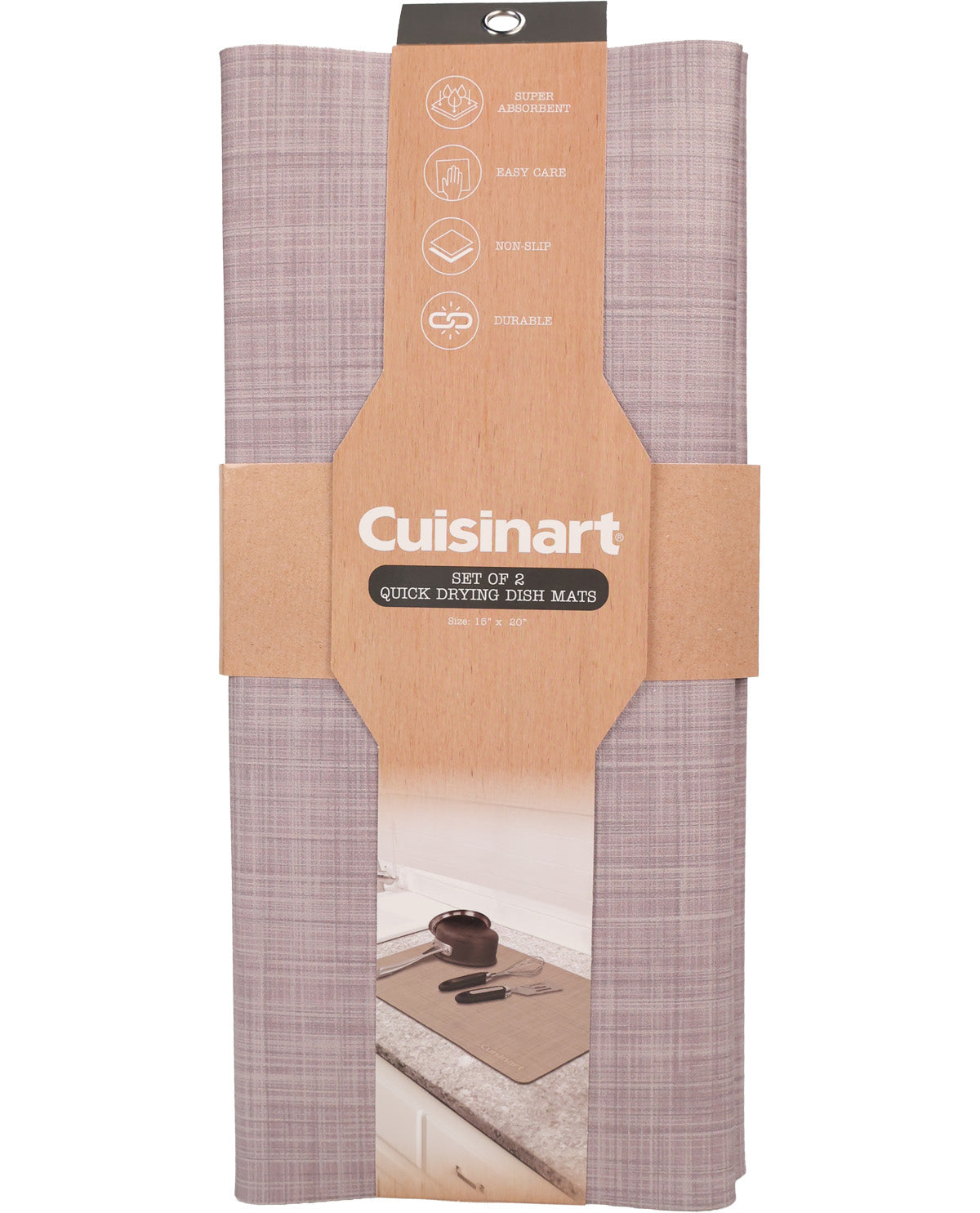 Cuisinart set of 2 quick cooking dish mats in a dusty mauve-purple color, packaged with a brown cardboard band.