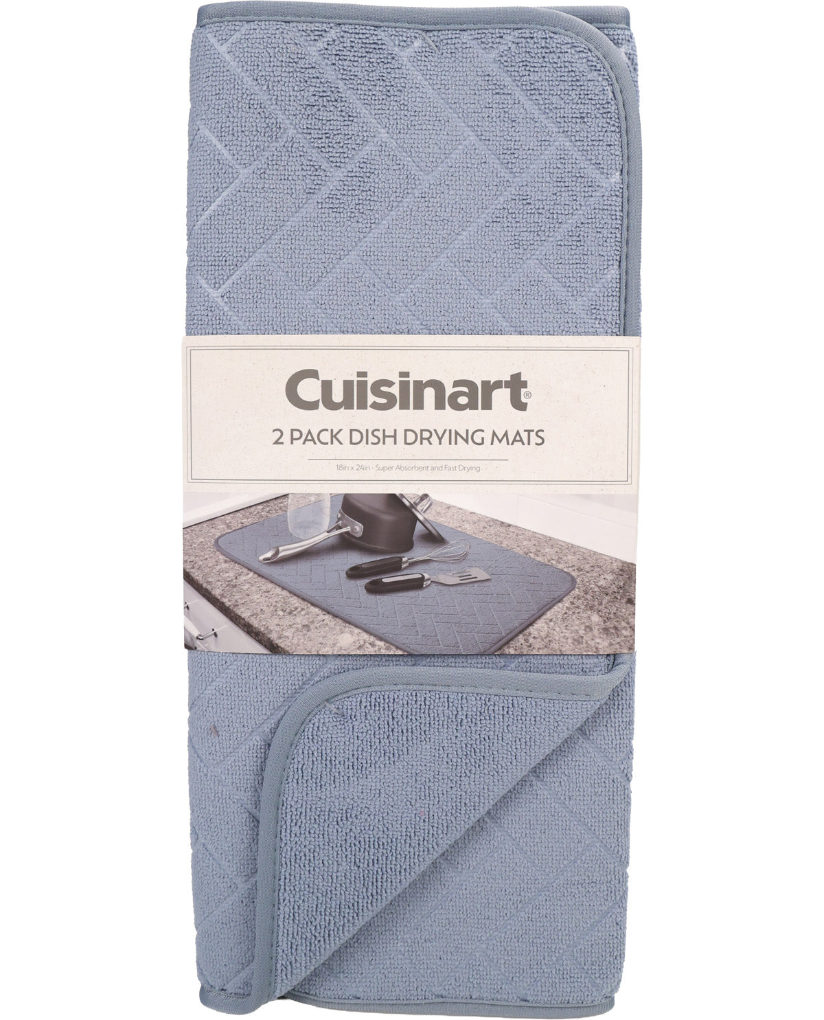 A packaged set of two Cuisinart dish drying mats in a dusty blue-gray color, featuring a diamond-quilted pattern and a soft corner, with a paper label in the center.