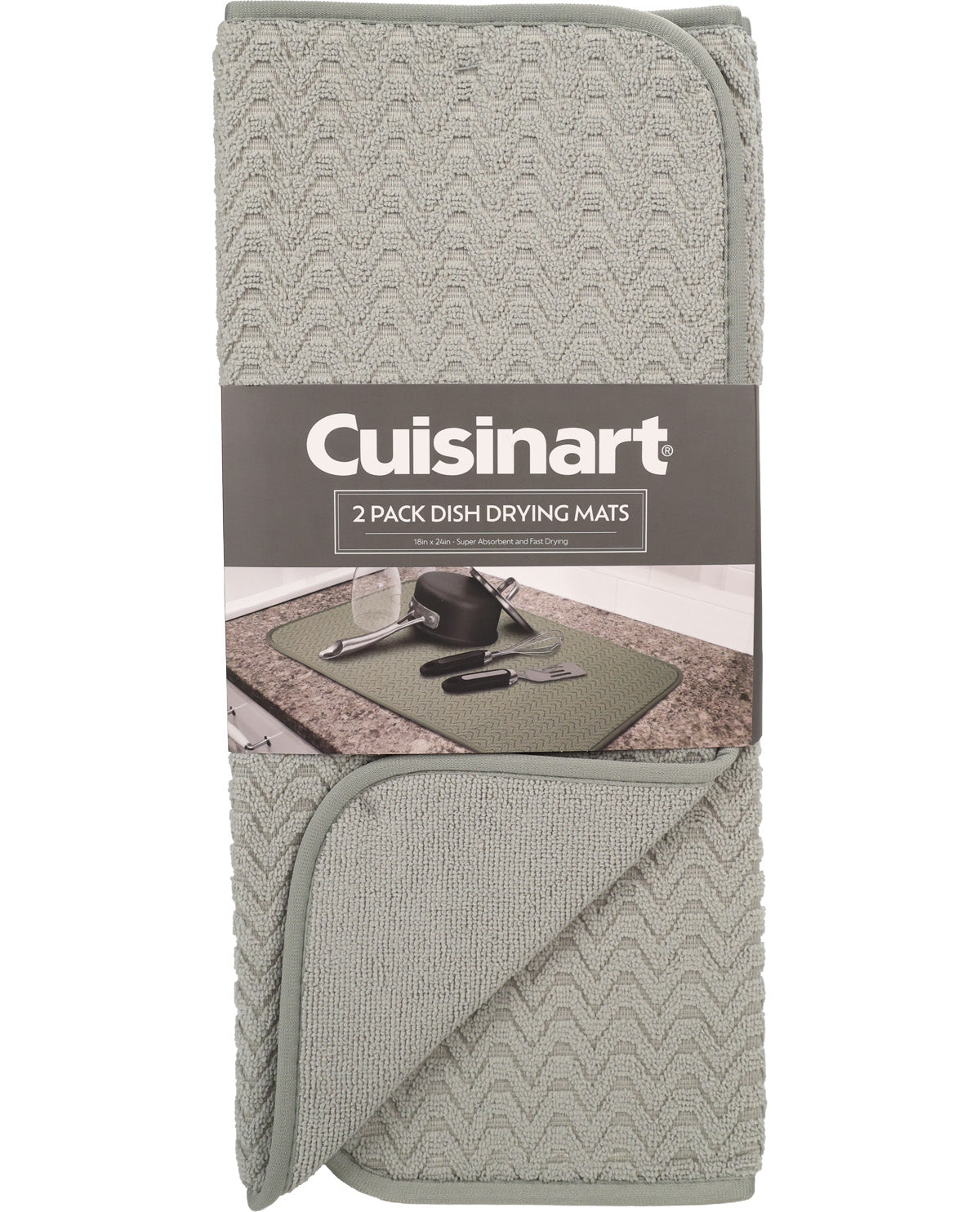 Cuisinart 2-pack dish drying mats in a sage green color, folded and packaged with a dark gray paper band label.
