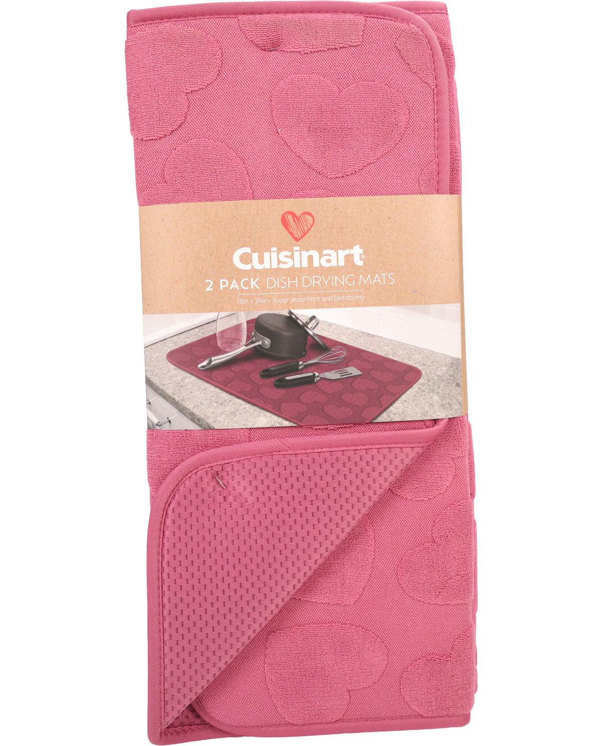 A packaged set of two pink Cuisinart dish drying mats, folded to show both the embossed heart pattern and the textured mesh underside, with the paper band label in the center.