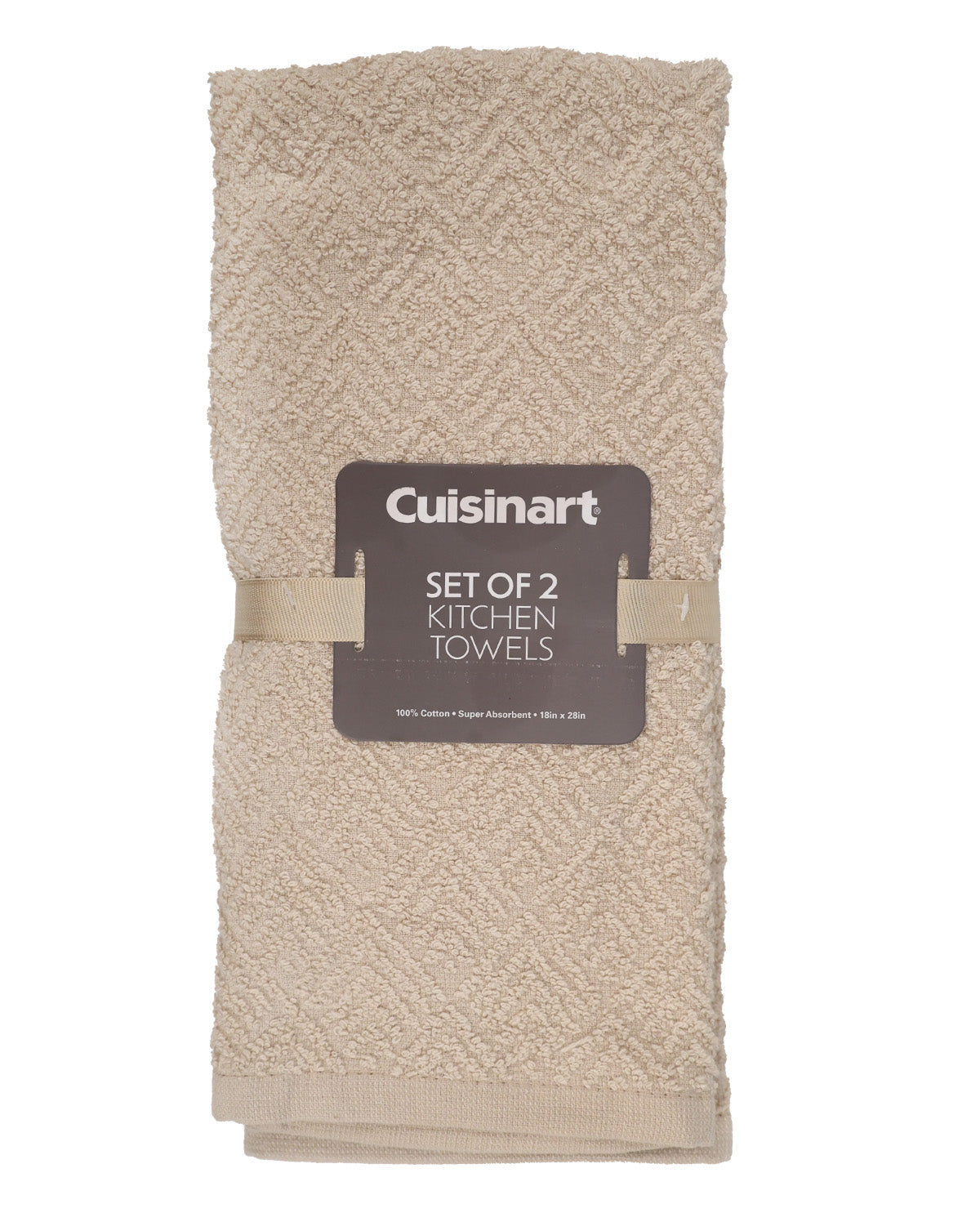 A set of two beige Cuisinart kitchen towels, folded and wrapped with a brown paper label, on a white background.