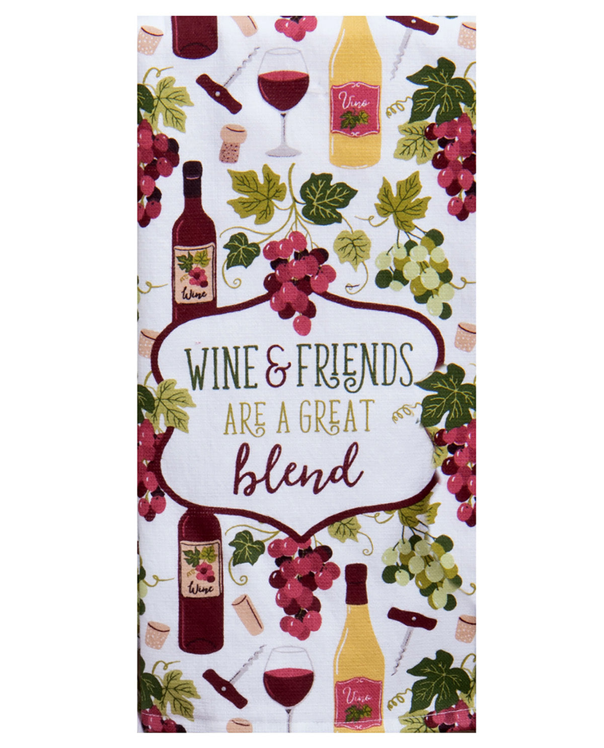 Decorative towel with wine-themed design and 'Wine & Friends are a great blend' text.