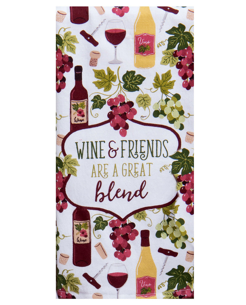 Decorative towel with wine-themed design and 'Wine & Friends are a great blend' text.