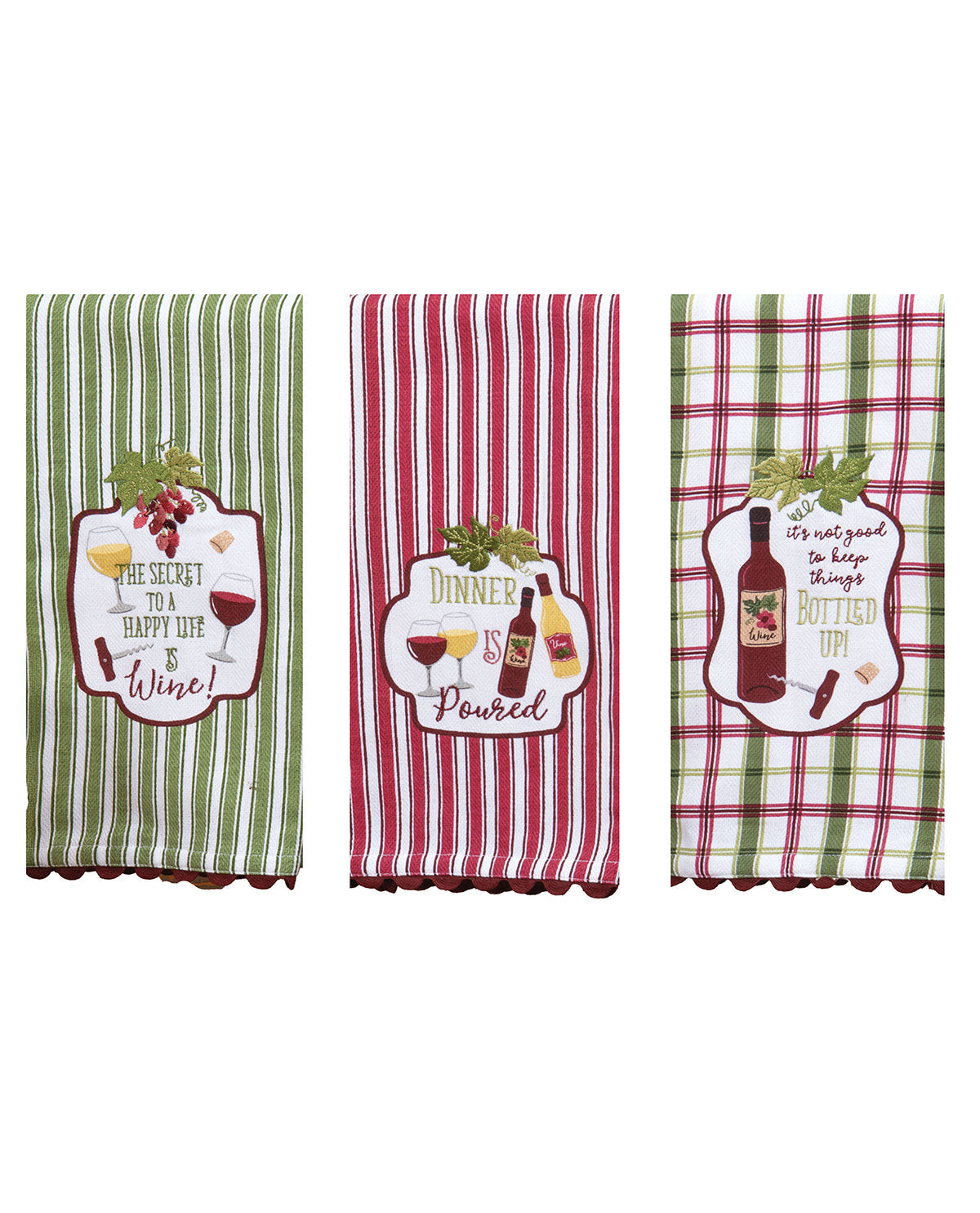 Three kitchen towels with wine-themed designs on a white background