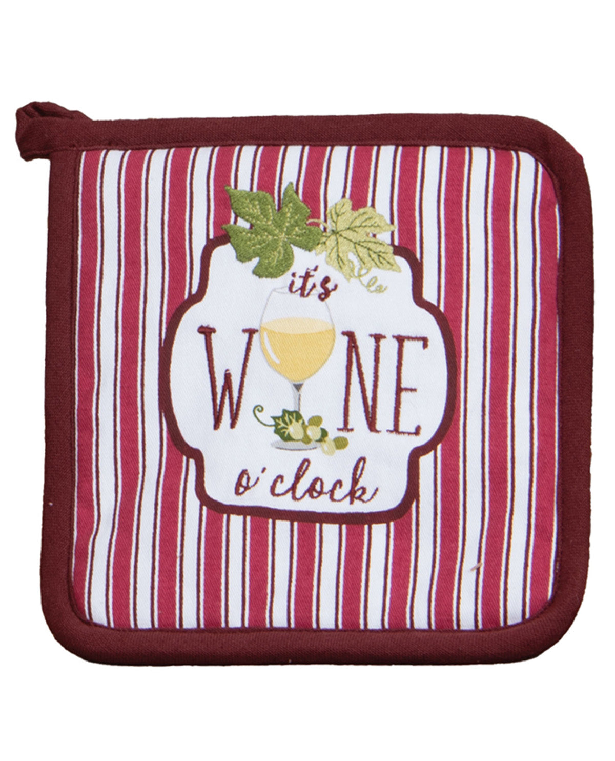 Striped pot holder with 'It's Wine O'clock' design on a white background