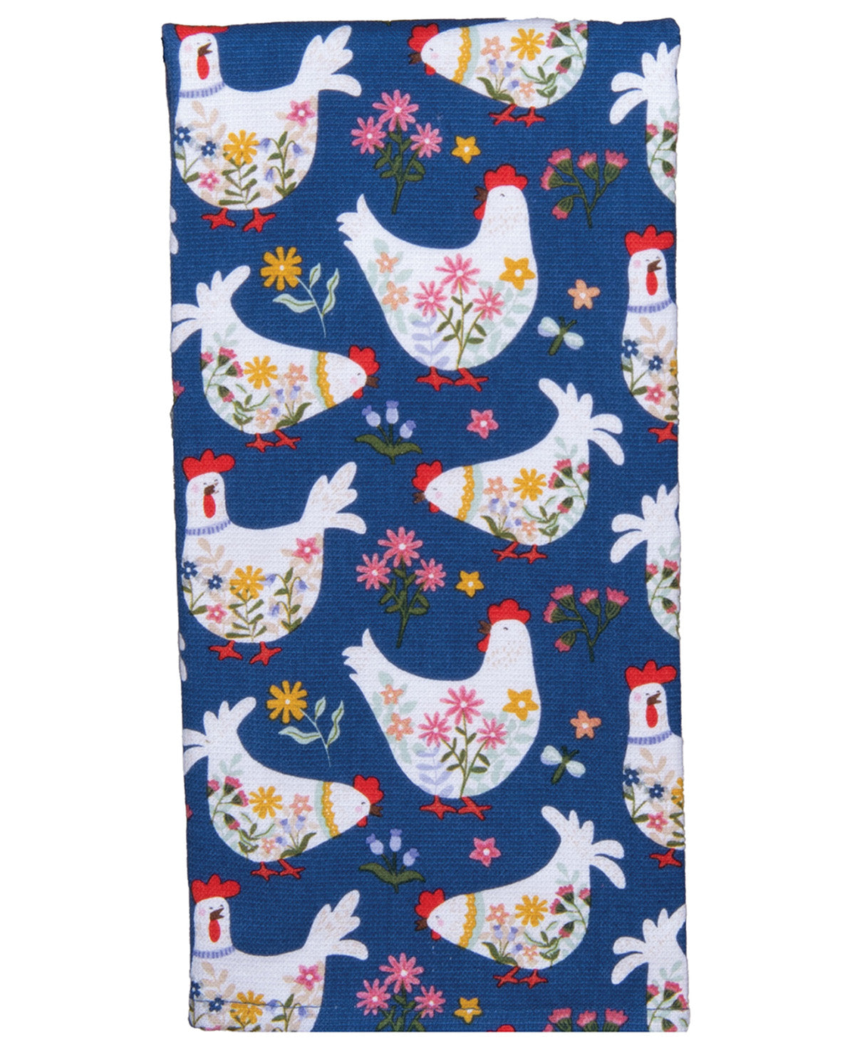 Fabric with chicken and flower pattern on a blue background