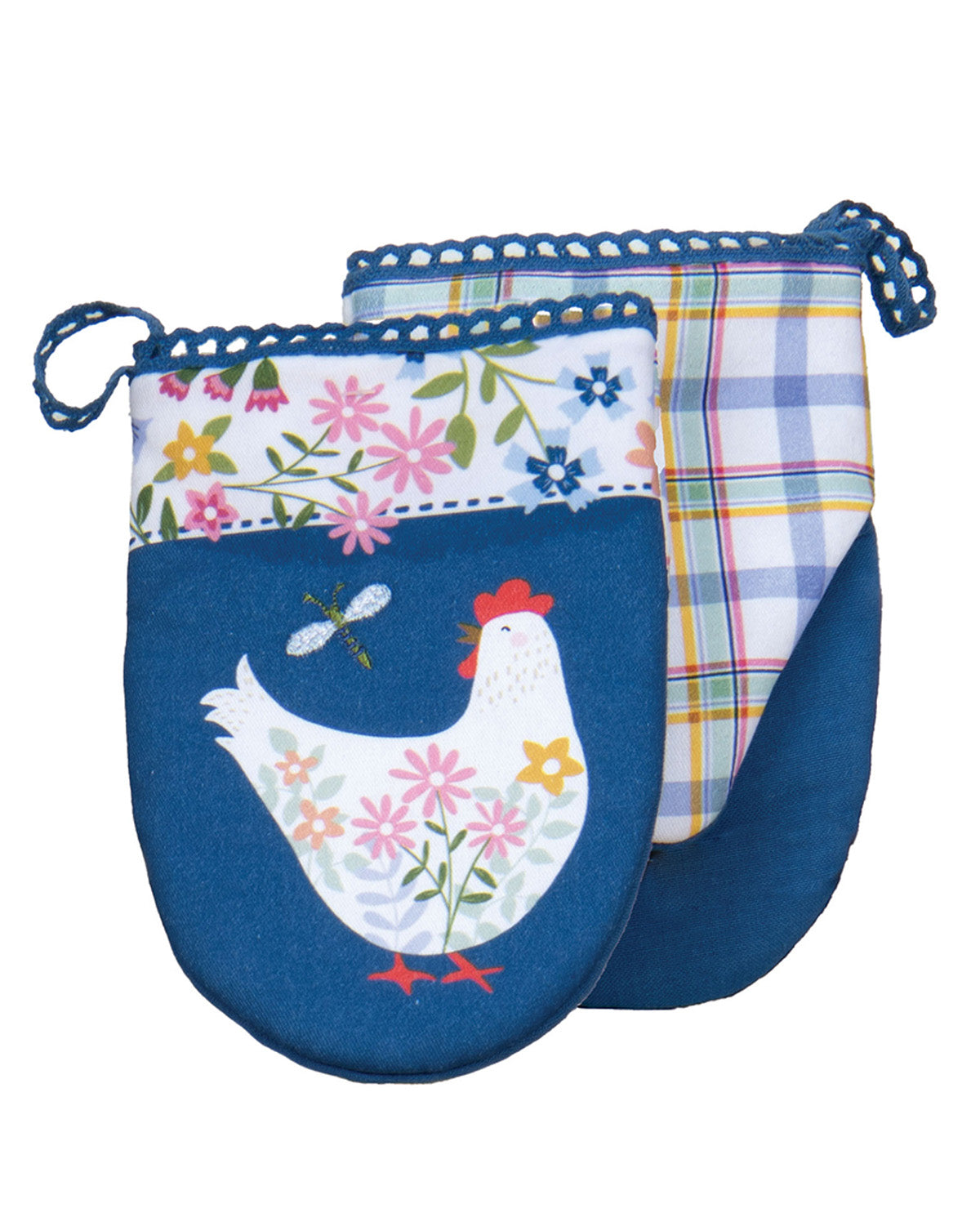 Pair of oven mitts with a chicken design on a blue background