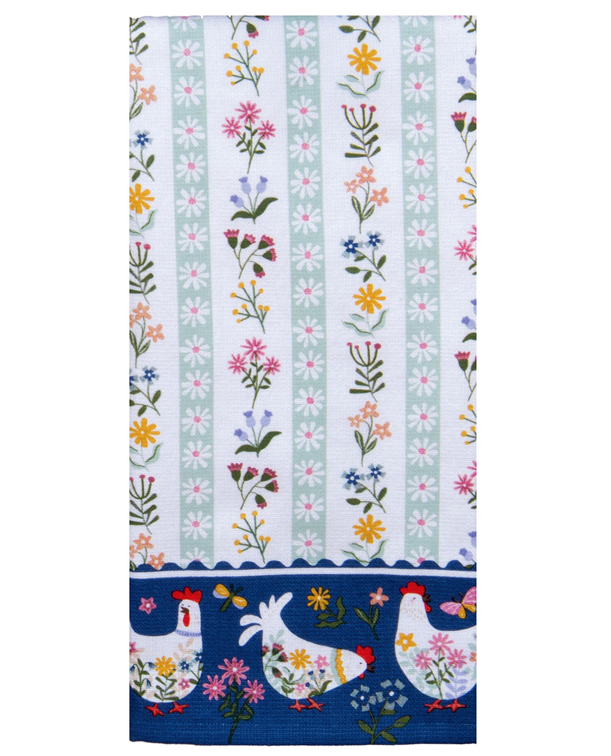 Decorative towel with floral patterns and chicken designs on a white background