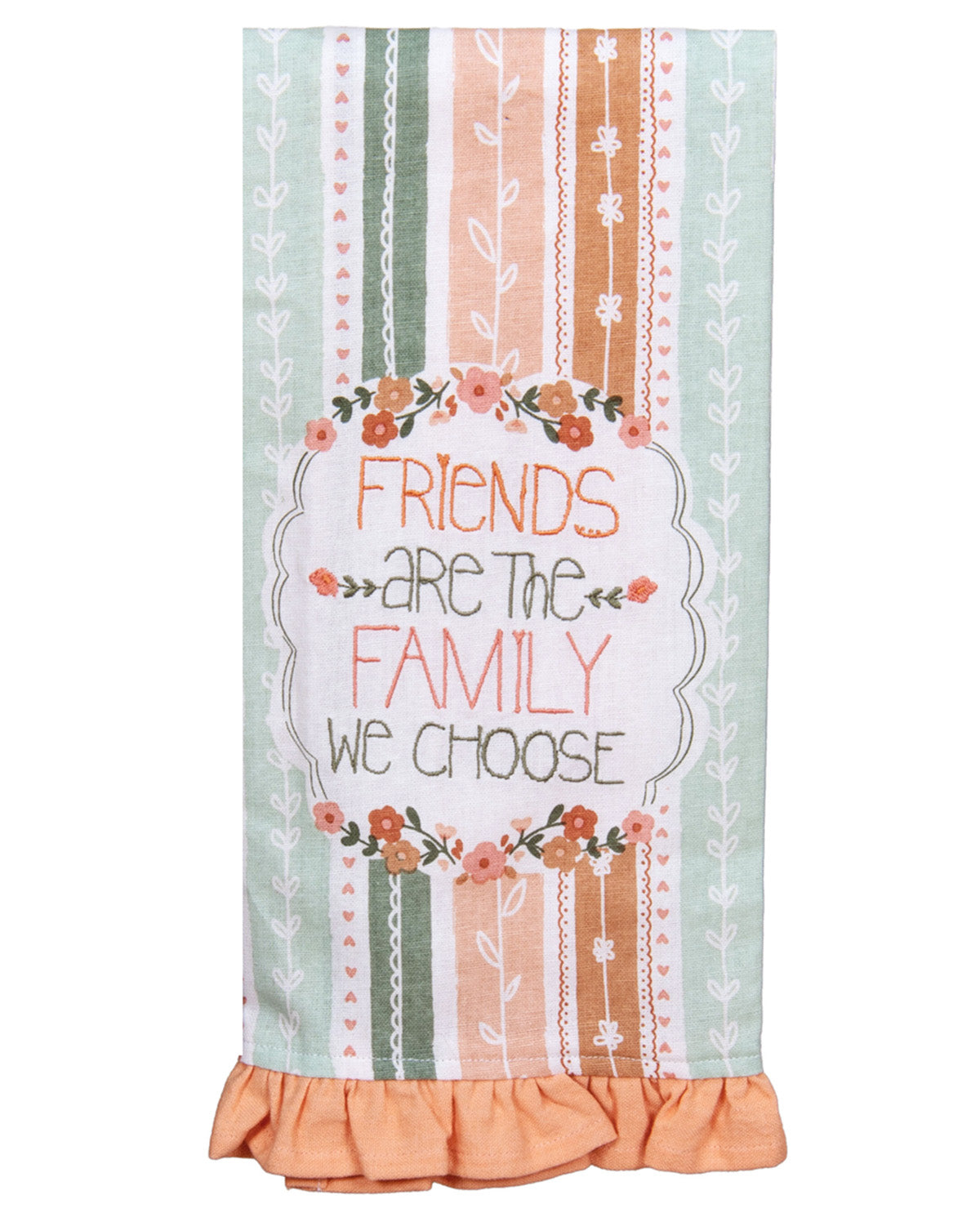 Decorative towel with floral patterns and text on a white background