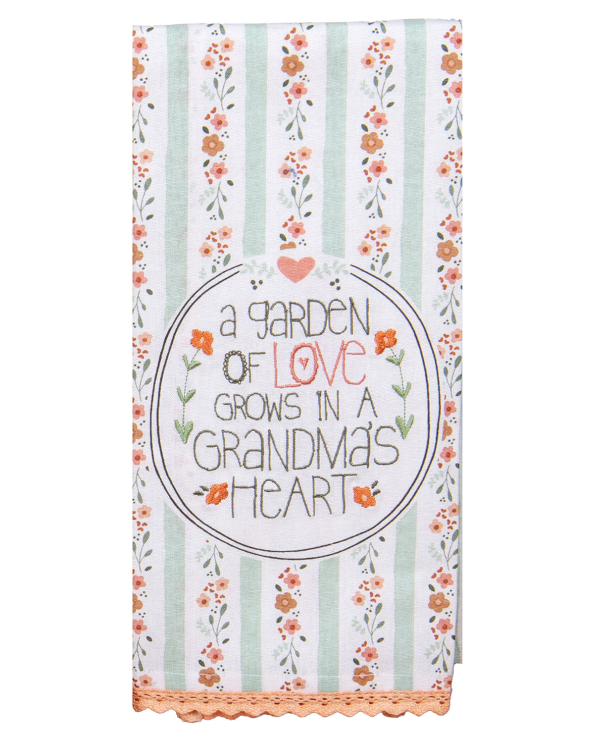 Floral patterned towel with text 'A garden of love grows in a grandma's heart' on a white background