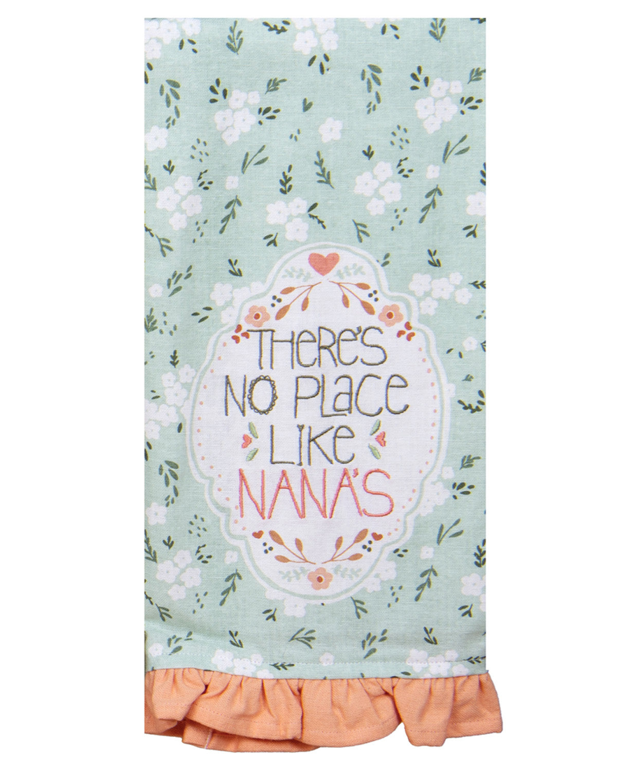 Floral towel with 'There's no place like Nana's' text on a light green background