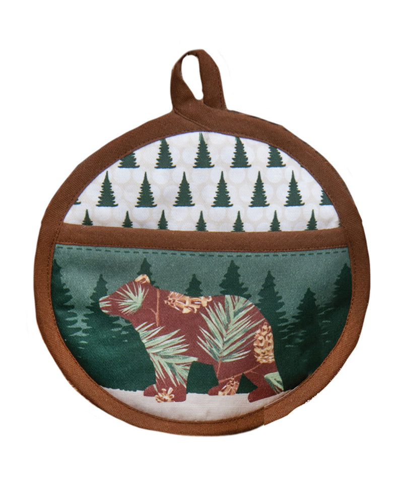 Potholder with bear and forest design on a white background