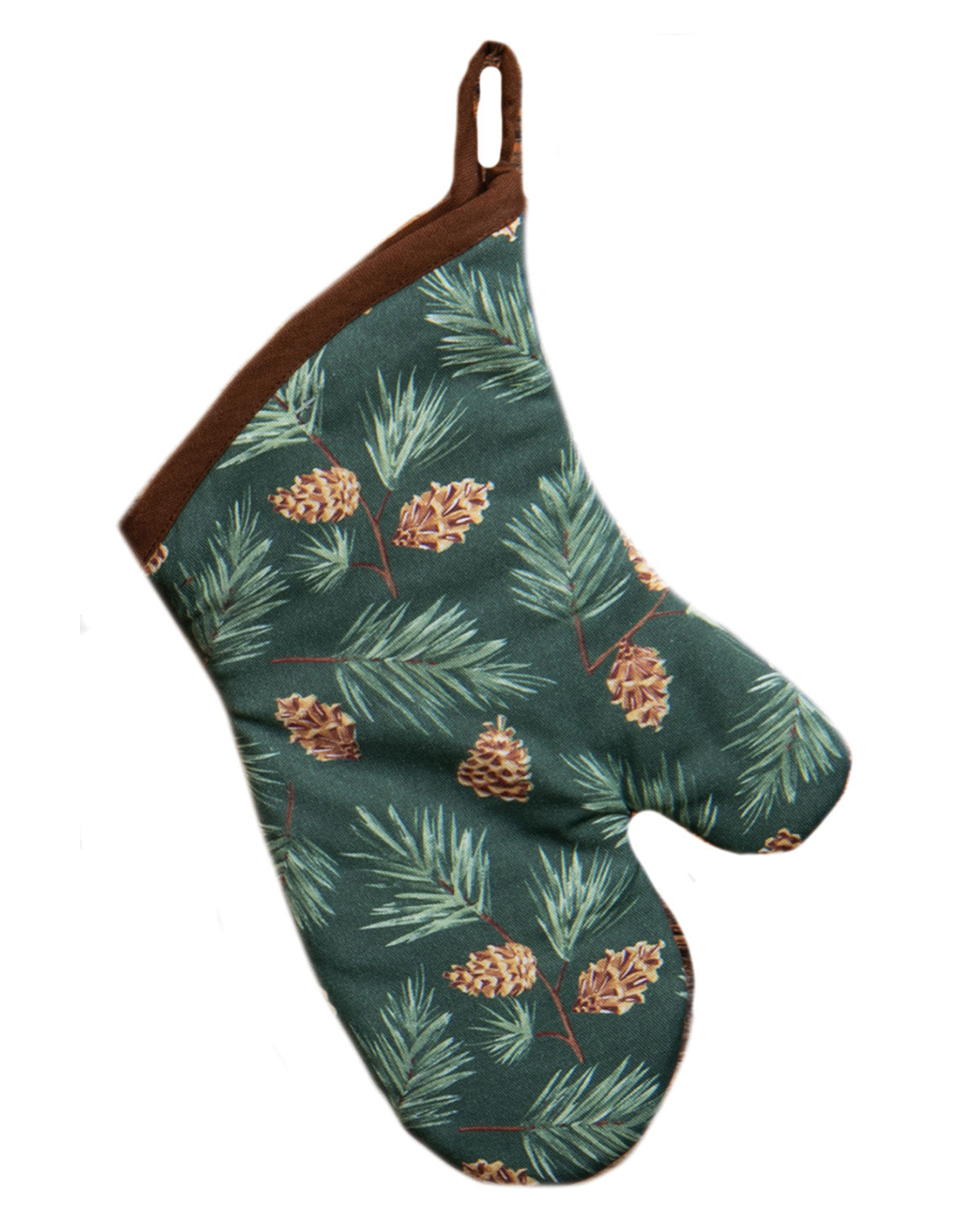 Oven mitt with pine cone and leaf pattern on a white background