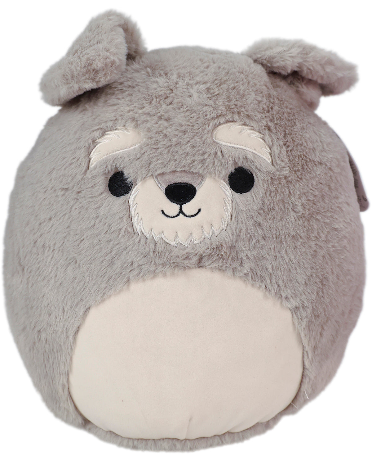 A round gray plush toy with a bear face, featuring black eyes, a black nose, embroidered facial features, and a cream-colored belly and eyebrows, isolated on a white background.