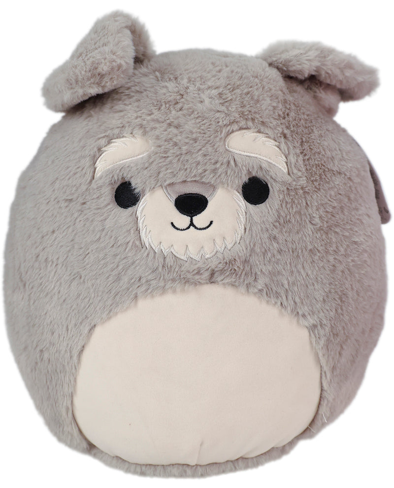 A round gray plush toy with a bear face, featuring black eyes, a black nose, embroidered facial features, and a cream-colored belly and eyebrows, isolated on a white background.