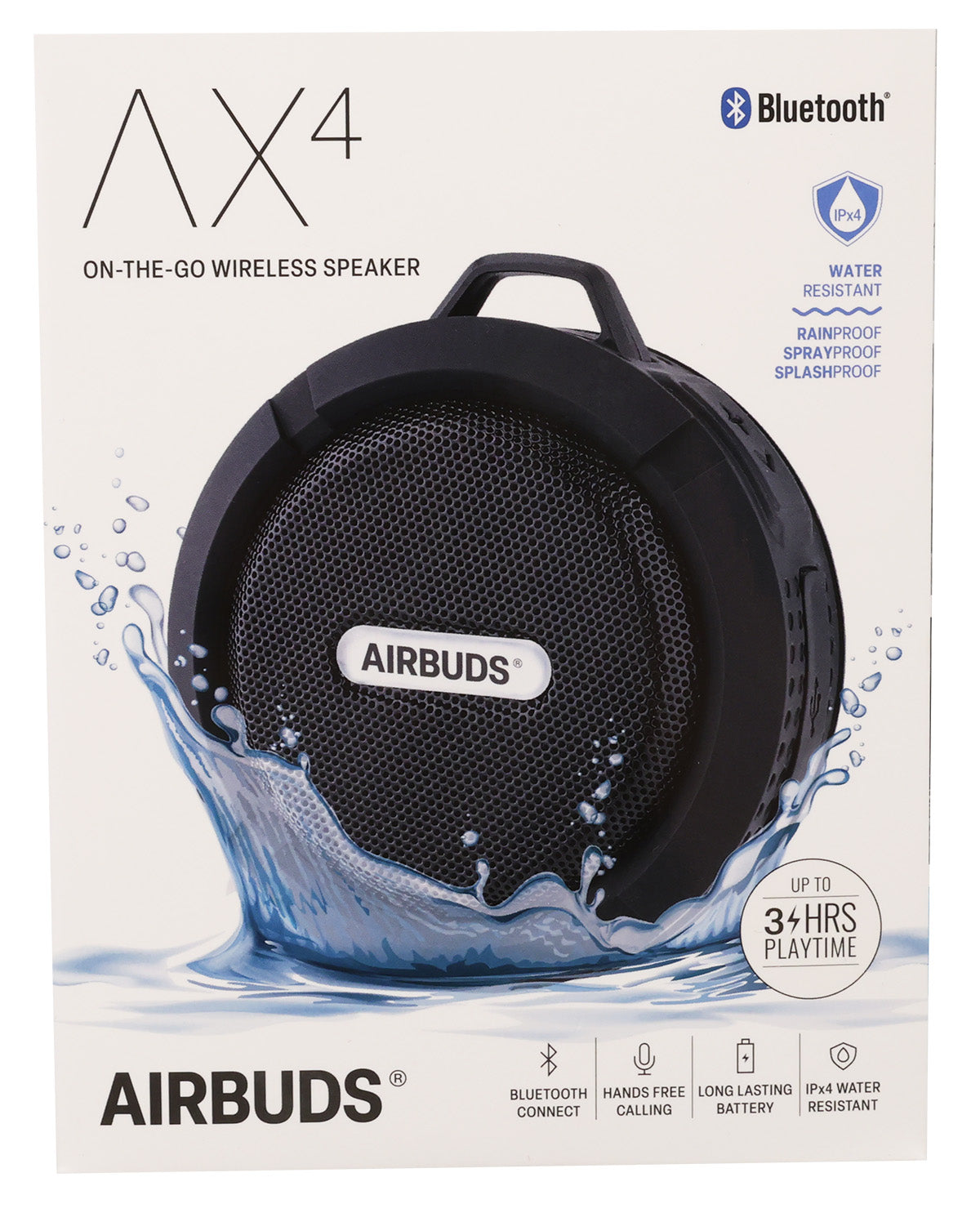 Airbuds AX4 wireless speaker packaging with water splash design