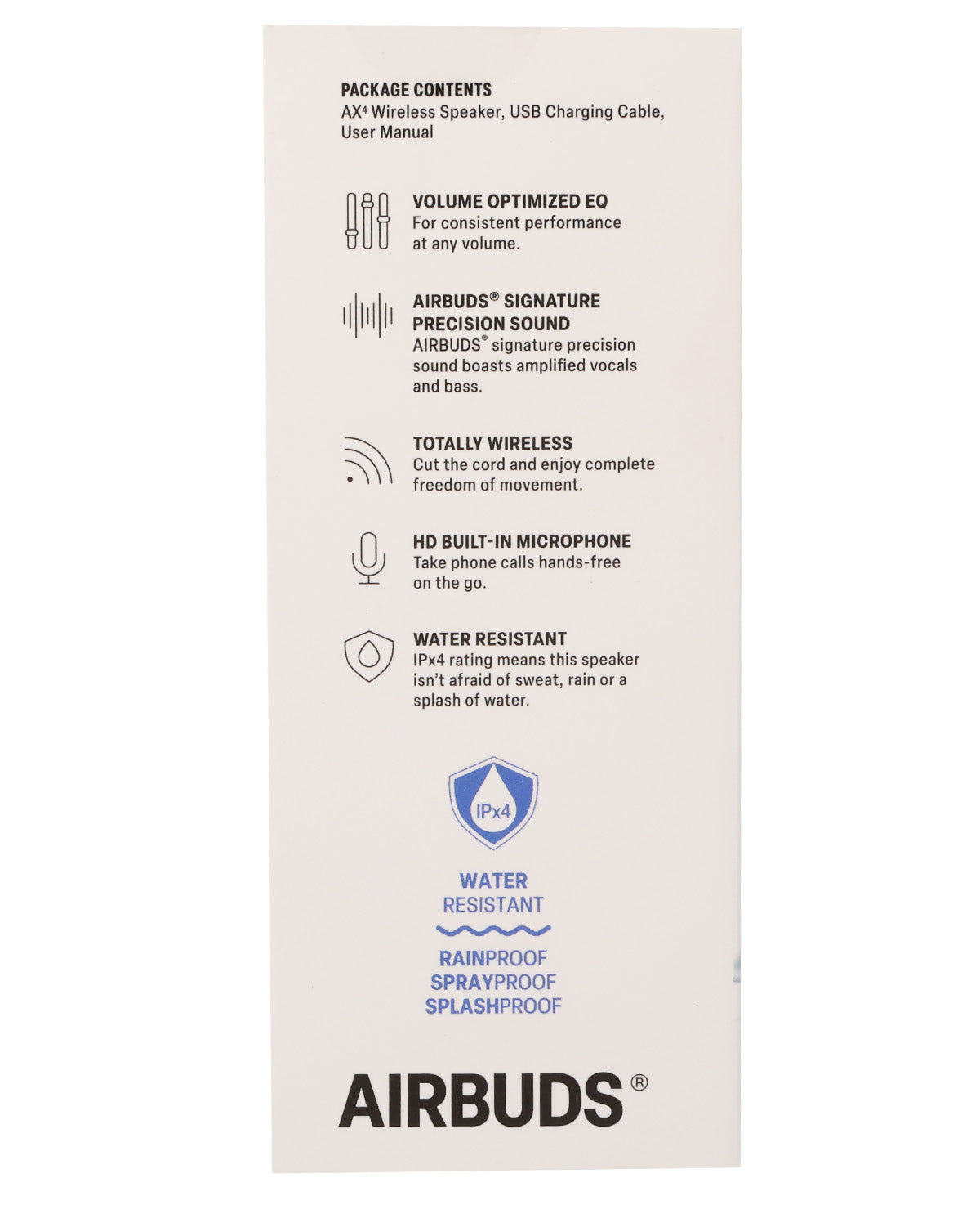 Airbuds product packaging with features listed on a white background