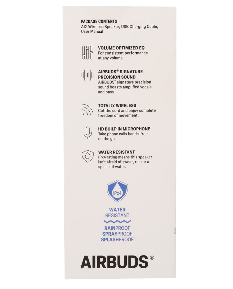 Airbuds product packaging with features listed on a white background