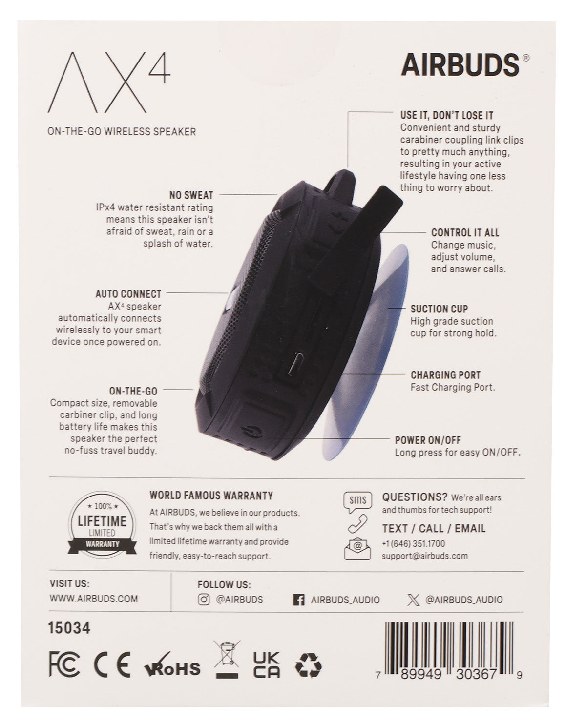 Back view of an Airbuds AX4 wireless speaker with features listed on a white background