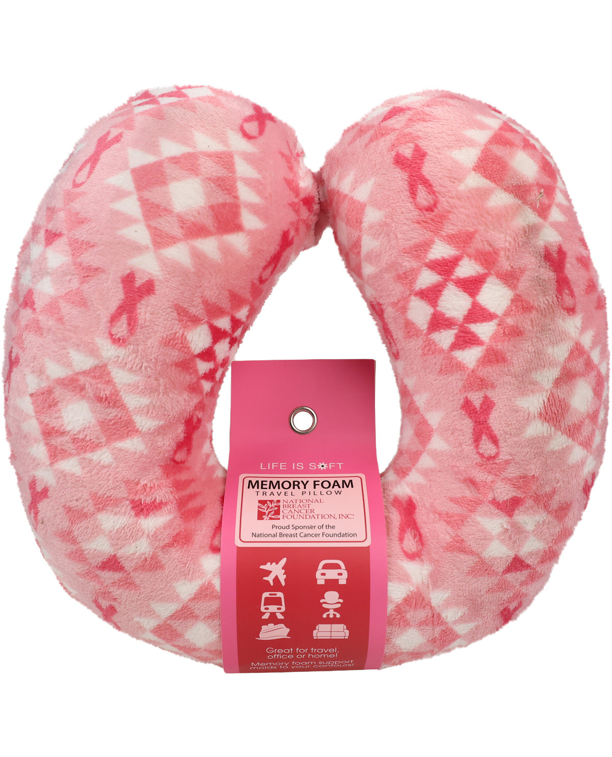 Pink memory foam travel neck pillow with a pink and white argyle pattern featuring breast cancer awareness ribbons, with a pink paper hang tag attached.