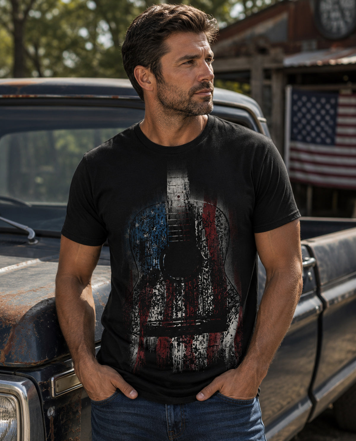 Man wearing a black t-shirt with a graphic design standing next to an old truck.