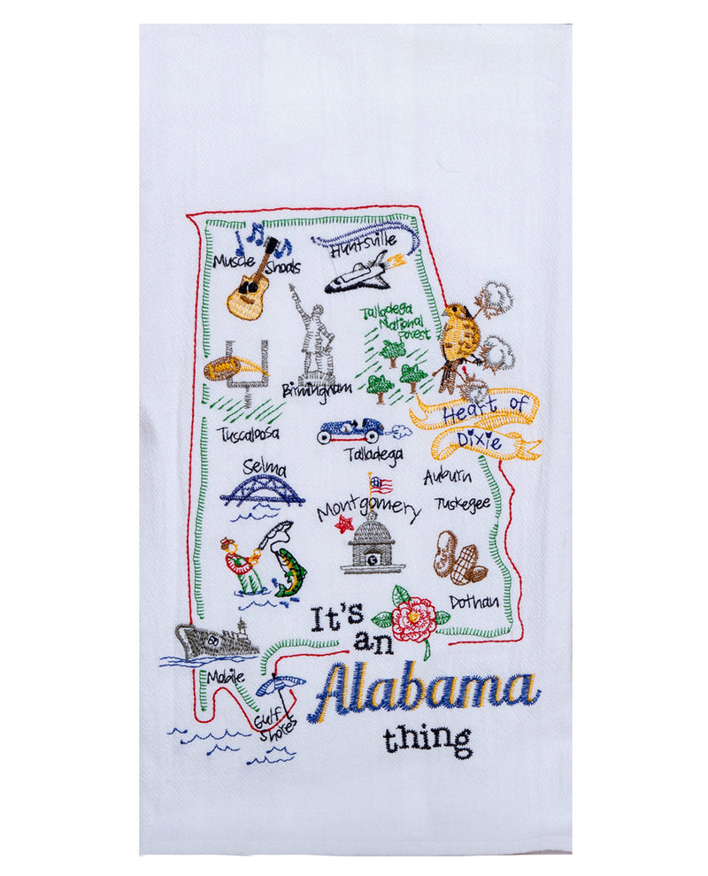 Embroidered towel with a map of Alabama featuring various icons and text on a white background.