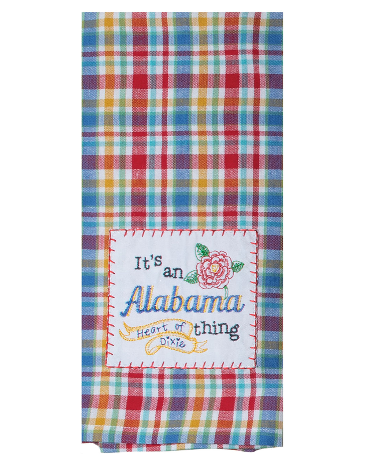 Colorful plaid towel with embroidered text and flower design on a white background