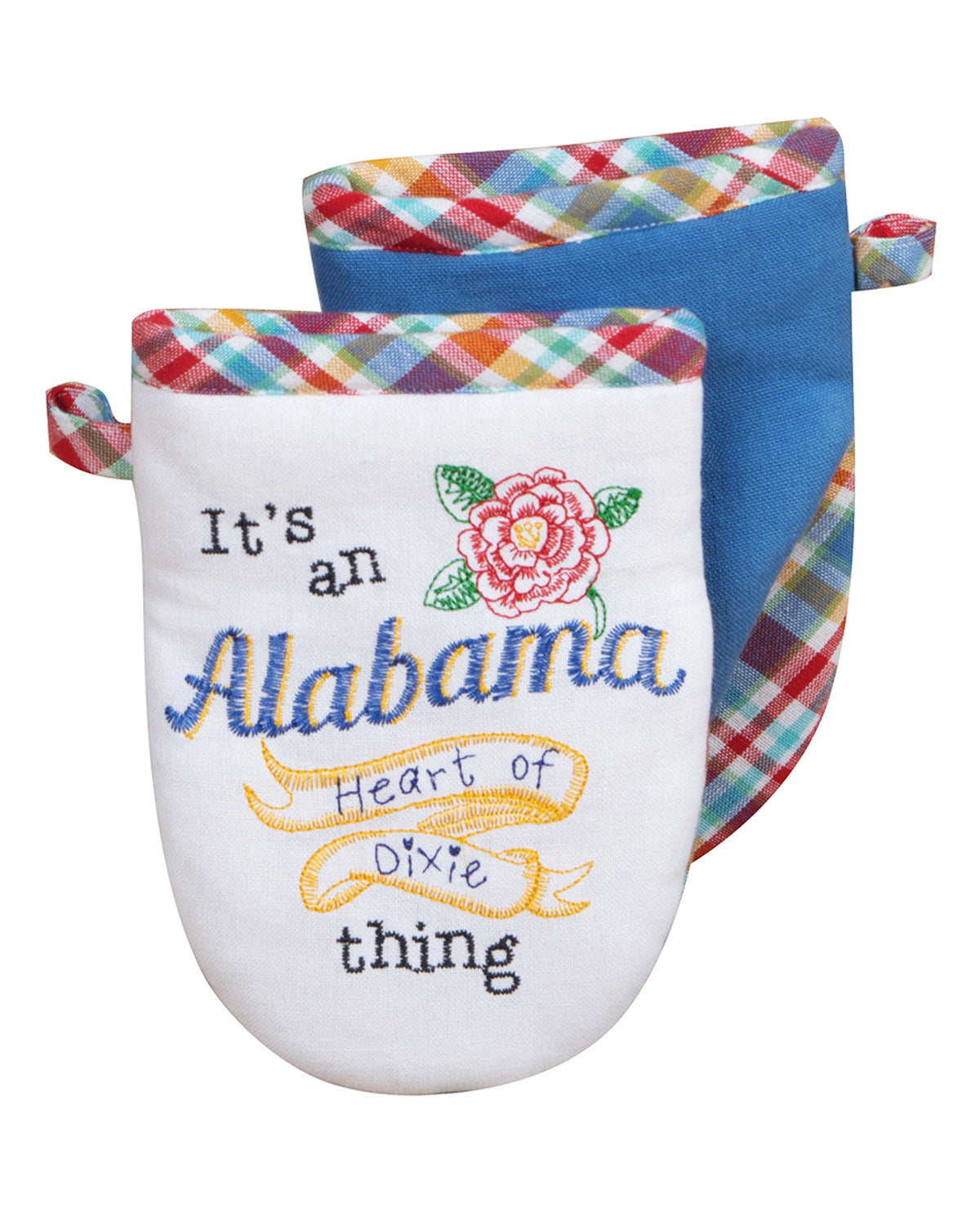 Pair of oven mitts with 'It's an Alabama Heart of Dixie thing' text and floral design.
