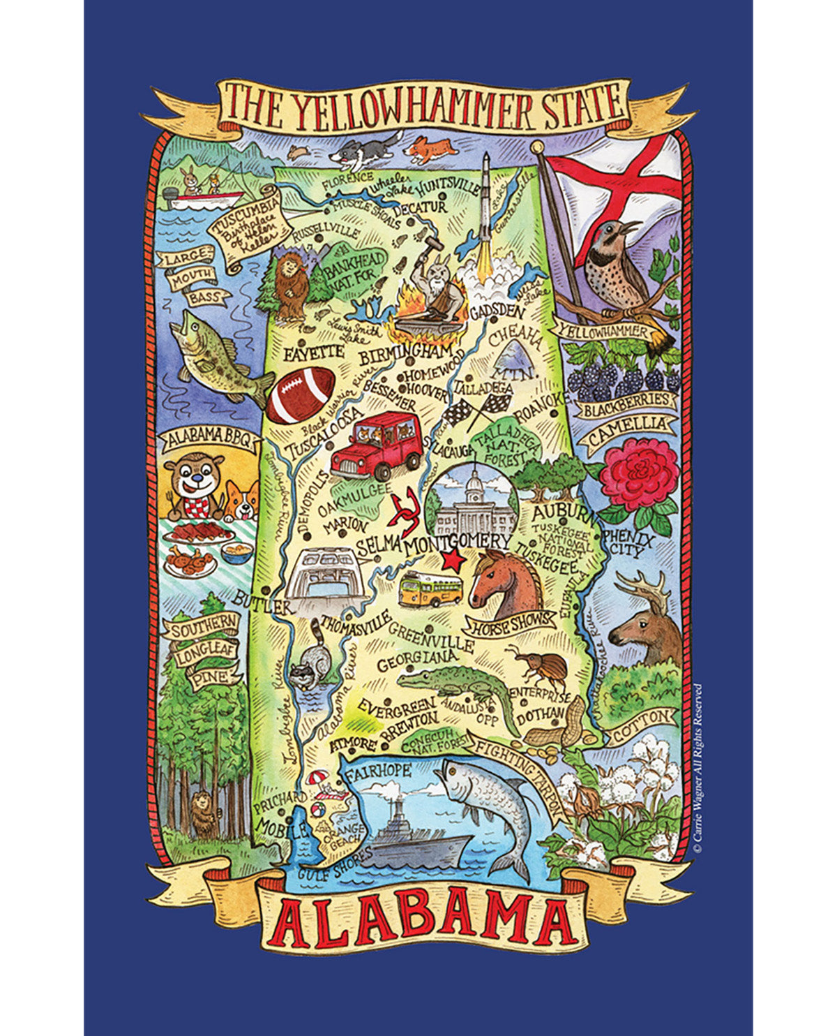 Map of Alabama with various symbols and landmarks on a blue background