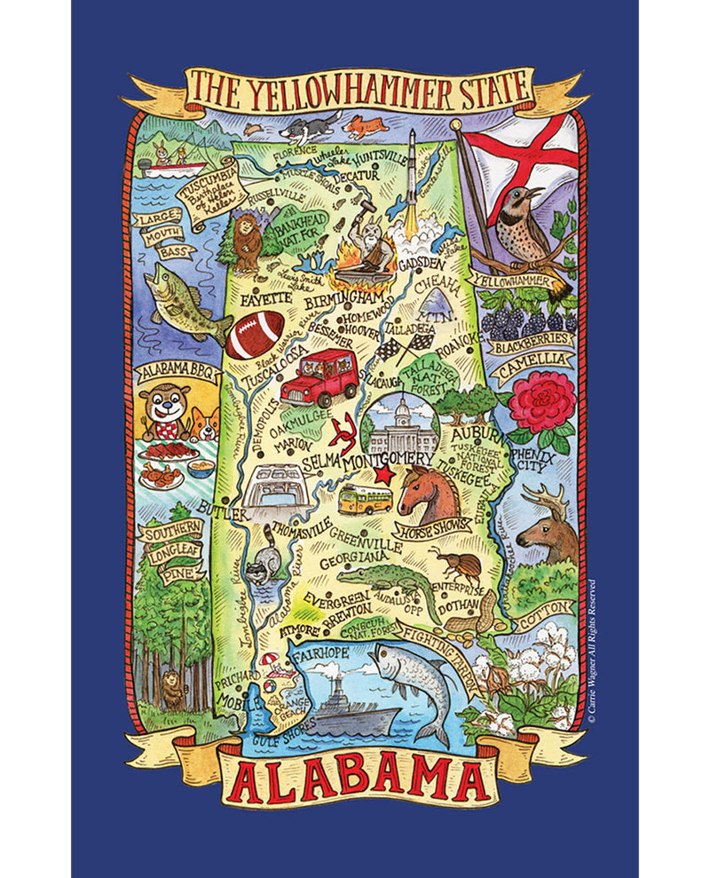 Map of Alabama with various symbols and landmarks on a blue background
