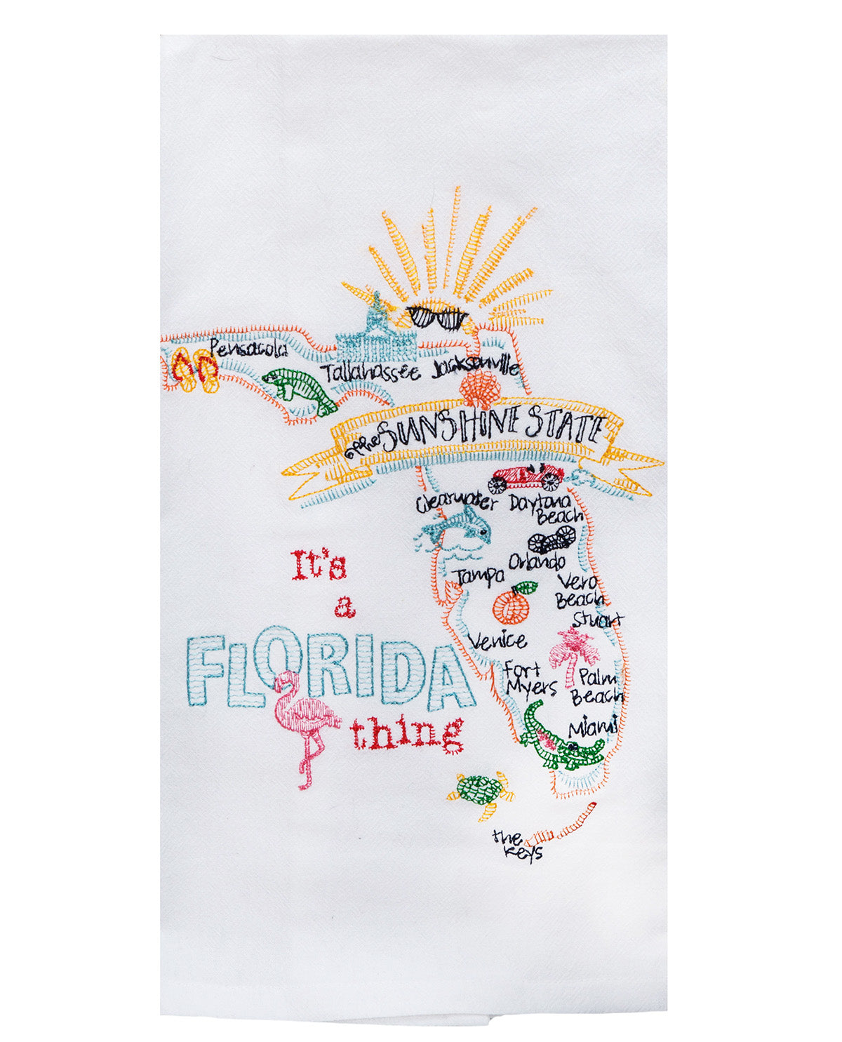 Embroidered towel with a map of Florida and text on a white background