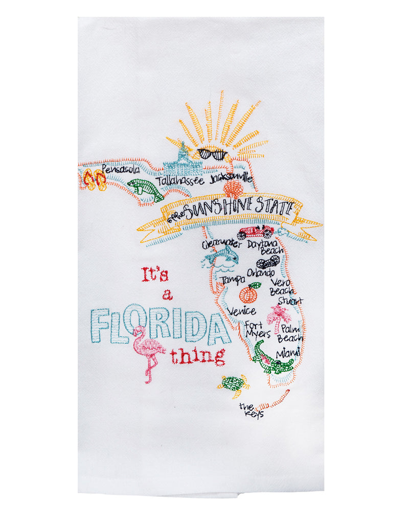 Embroidered towel with a map of Florida and text on a white background