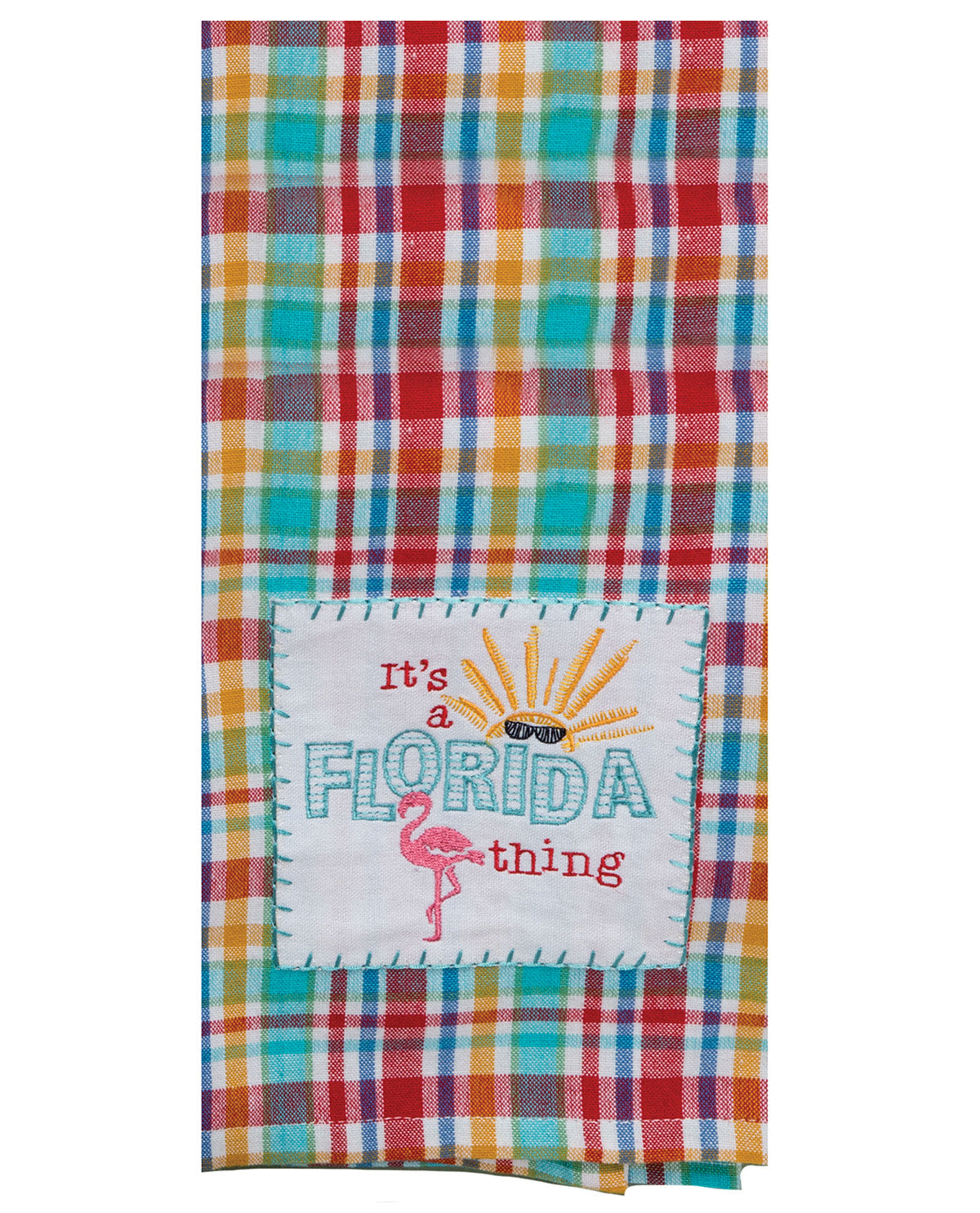 Colorful plaid towel with a patch featuring 'It's a Florida thing' text and flamingo graphic.