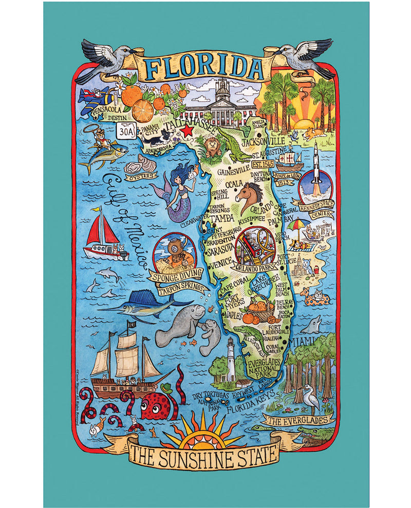 Colorful map of Florida with various symbols and landmarks on a teal background