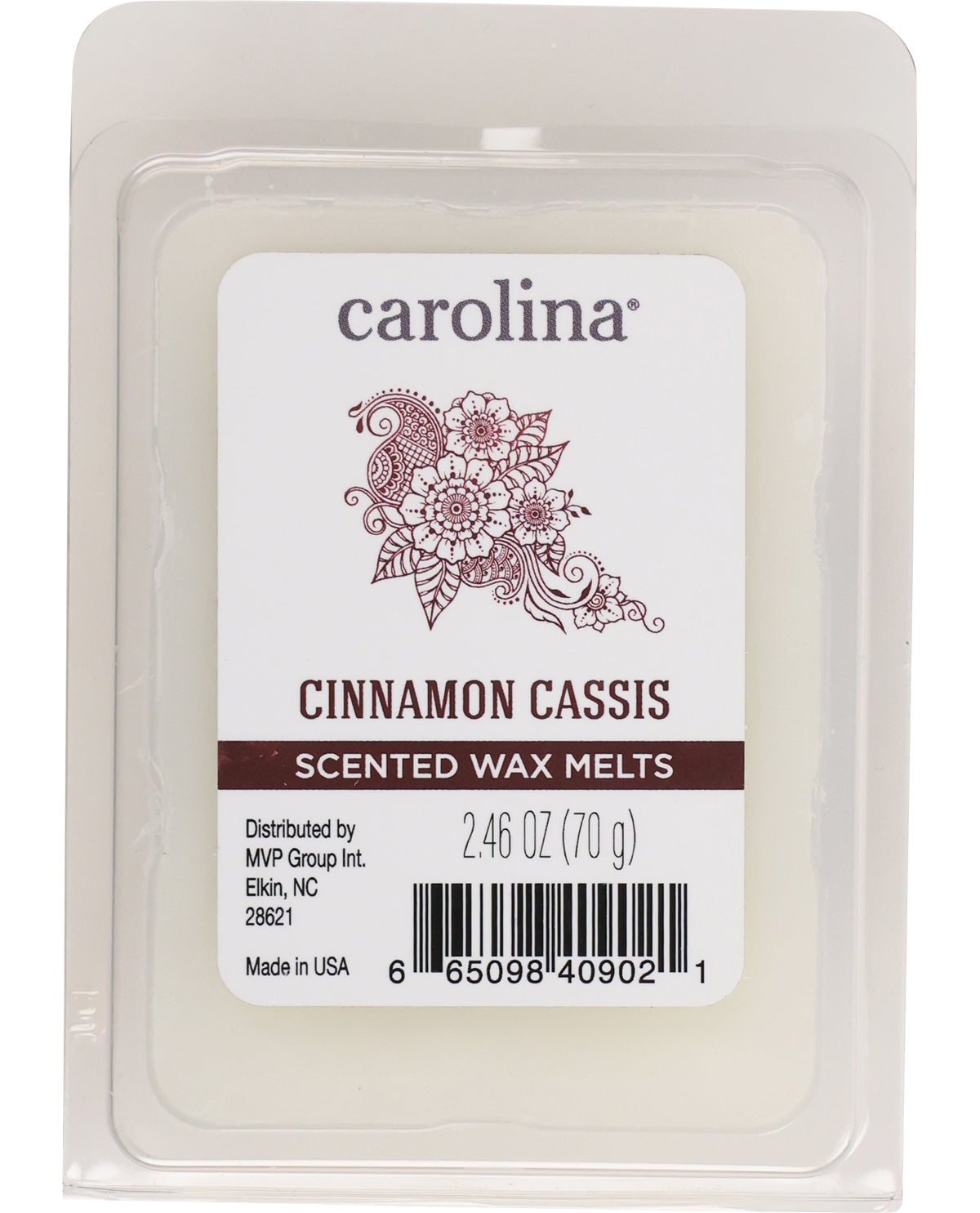 Carolina Cinnamon Cassis scented wax melts packaging on a white background