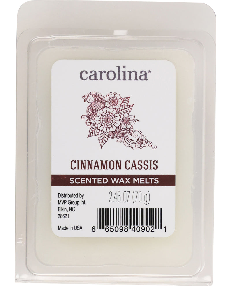 Carolina Cinnamon Cassis scented wax melts packaging on a white background