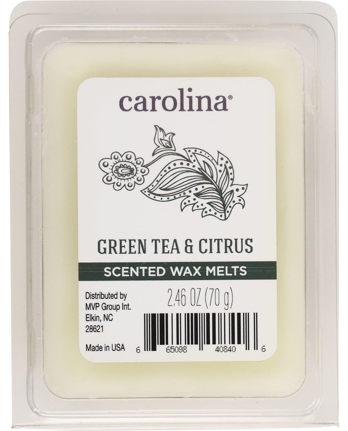Carolina Green Tea & Citrus scented wax melt packaging on a white background