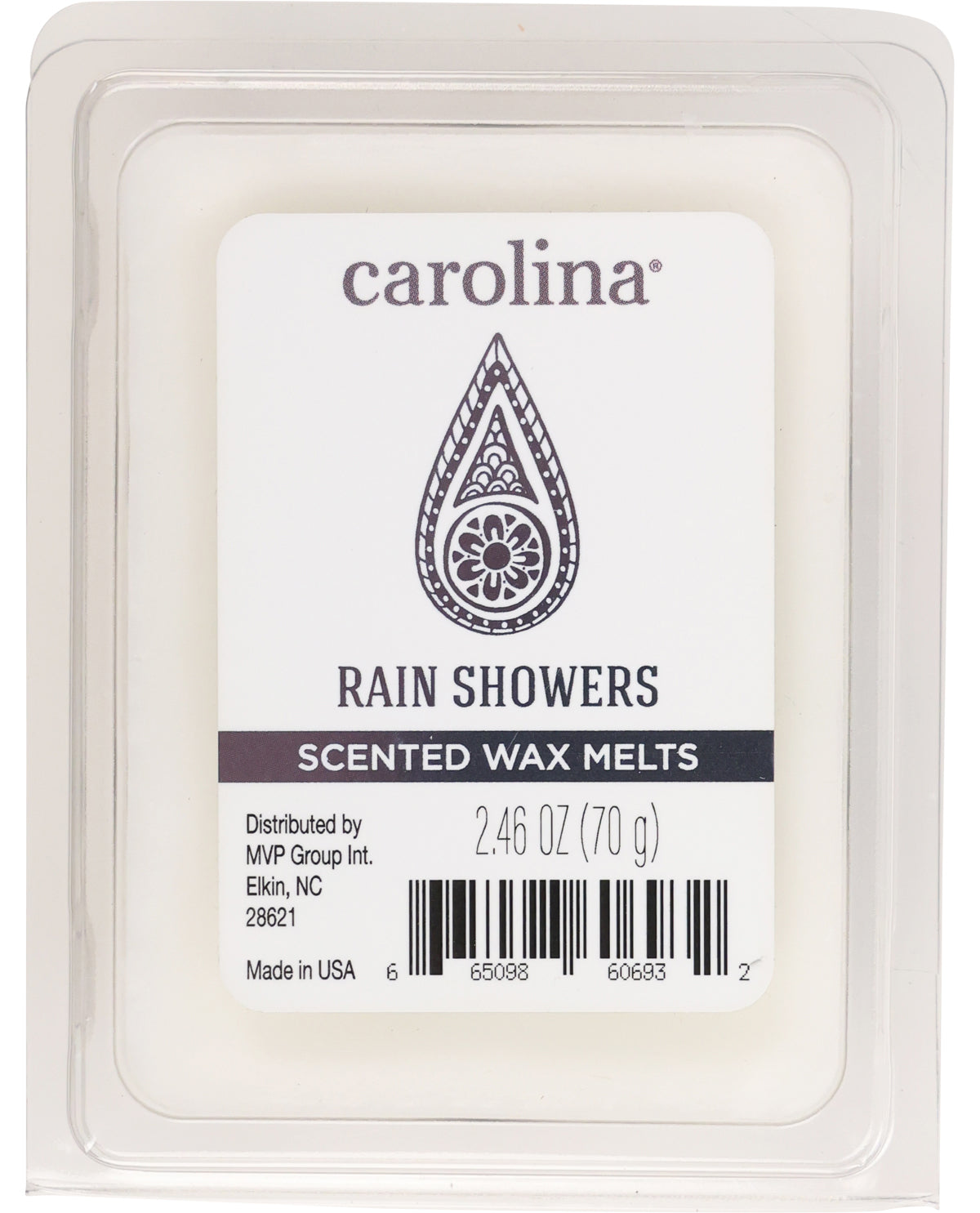 Carolina Rain Showers scented wax melts packaging with label